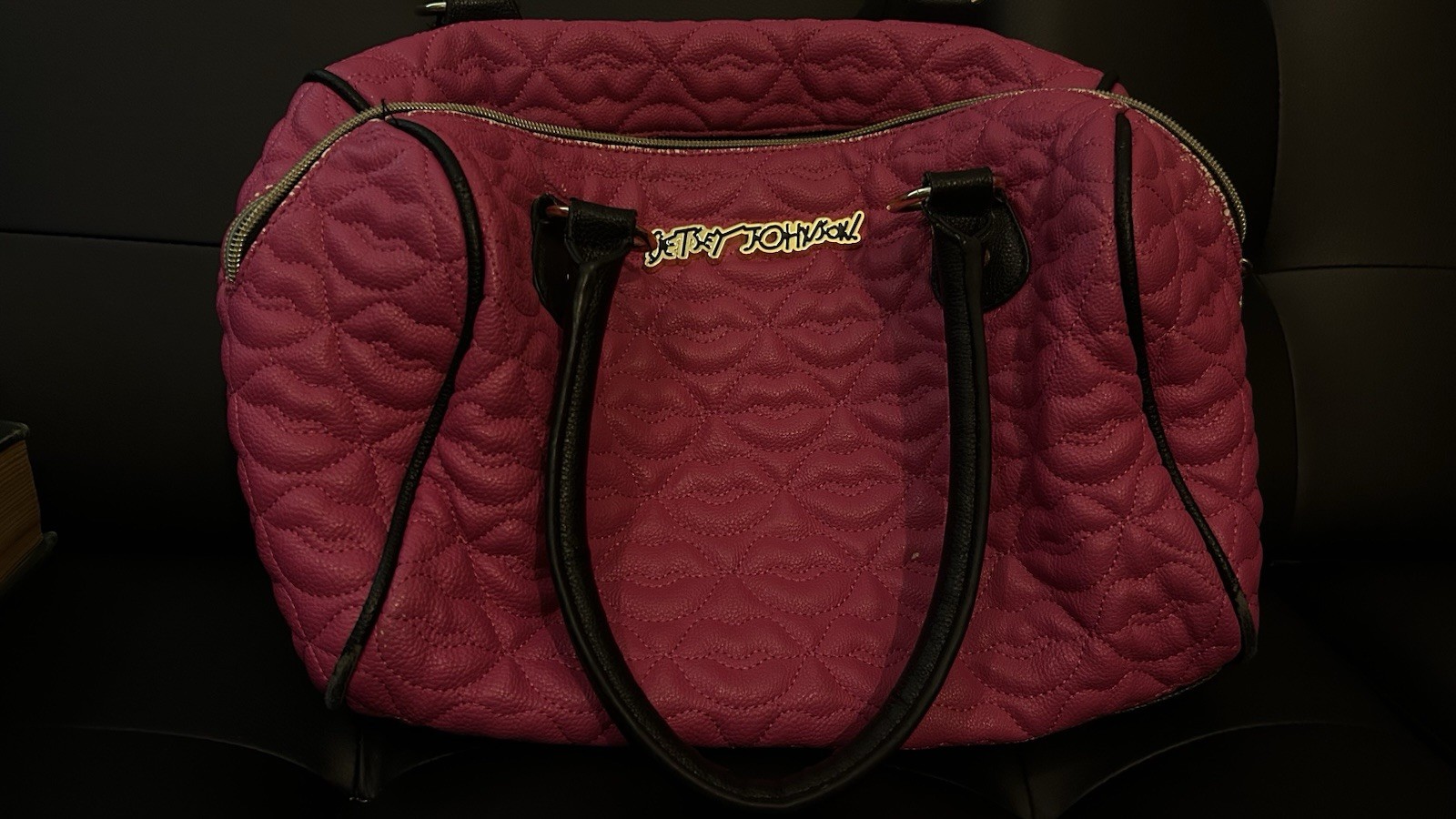 Betsey Johnson Pink/Black Heart Quilted Satchel Top Handle Zip, Lined Pockets
