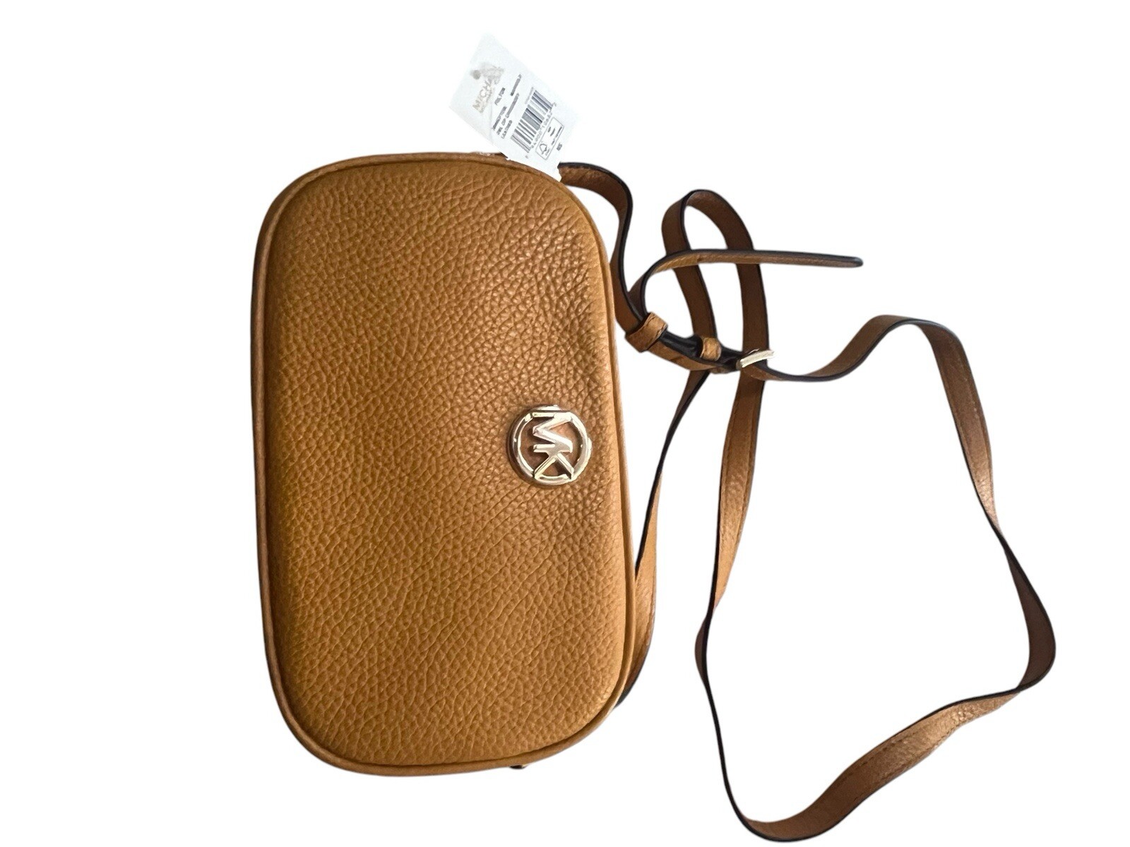 NWT MICHAEL KORS Fulton Double-Zip Leather Crossbody Bag Luggage/Gold Logo $140