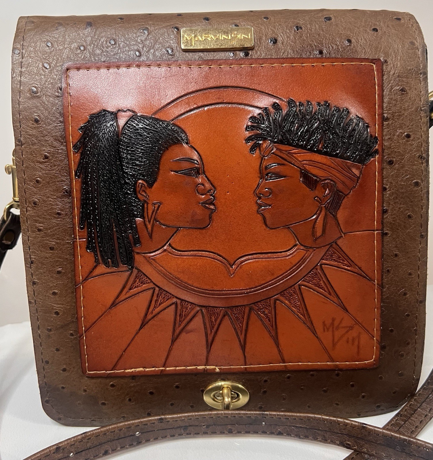 Marvin Sin Hand Tooled Leather Crossbody Bag Signed Artist African Portrait VTG