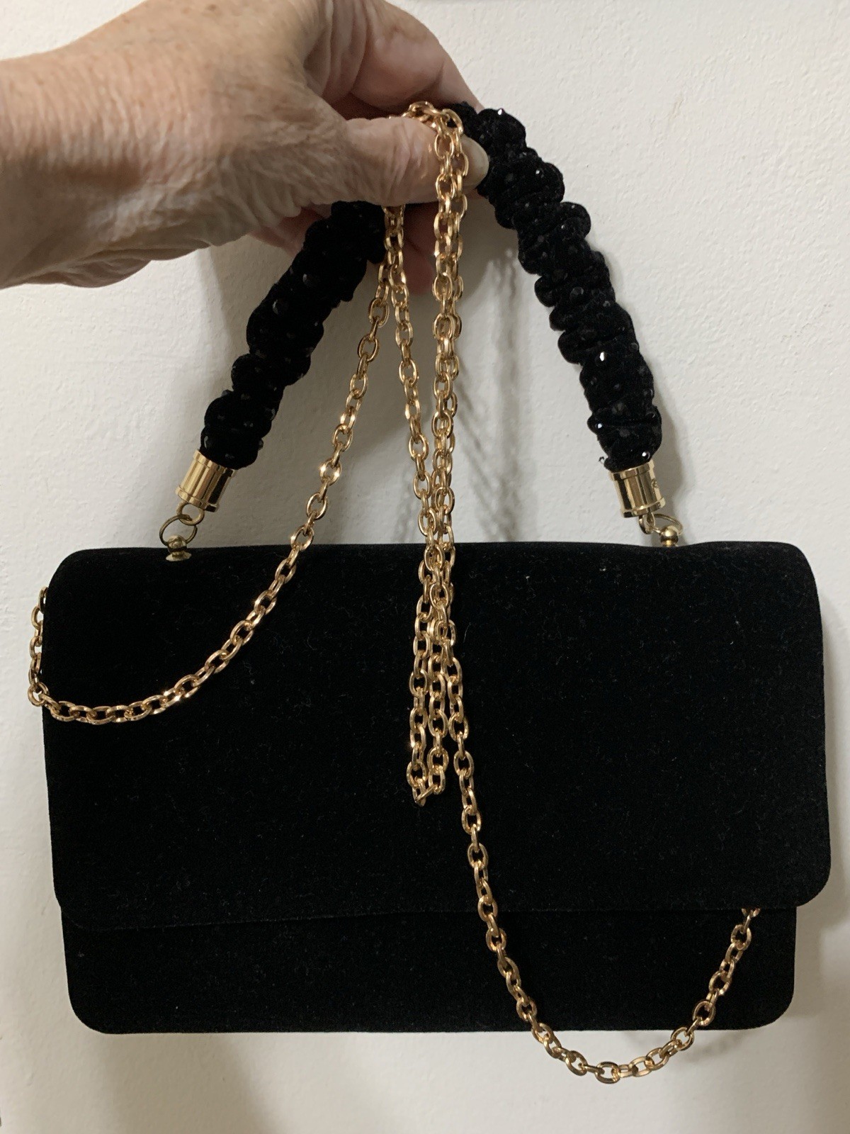 Black Velvet Mini Ruched Bag, Soft Body,Crystal Rushed Handle, 20”Chain, 9L X 6H