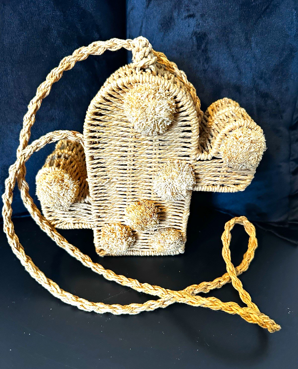 Cactus Woven Straw Raffia Crossbody Bag Beige Pom Pom