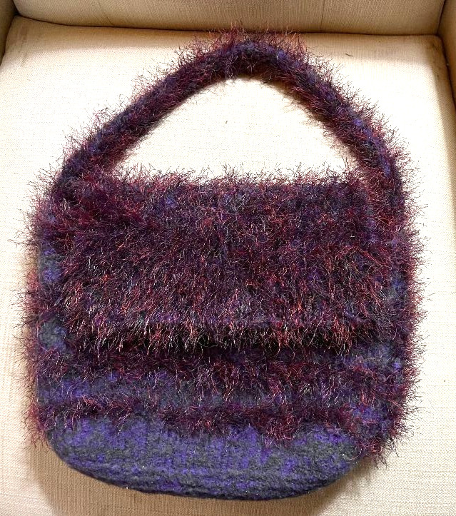 Boiled Wool Felt Knit Handbag w/ Strap 3″W x 11″L x 6″D Purple Burgundy Striped