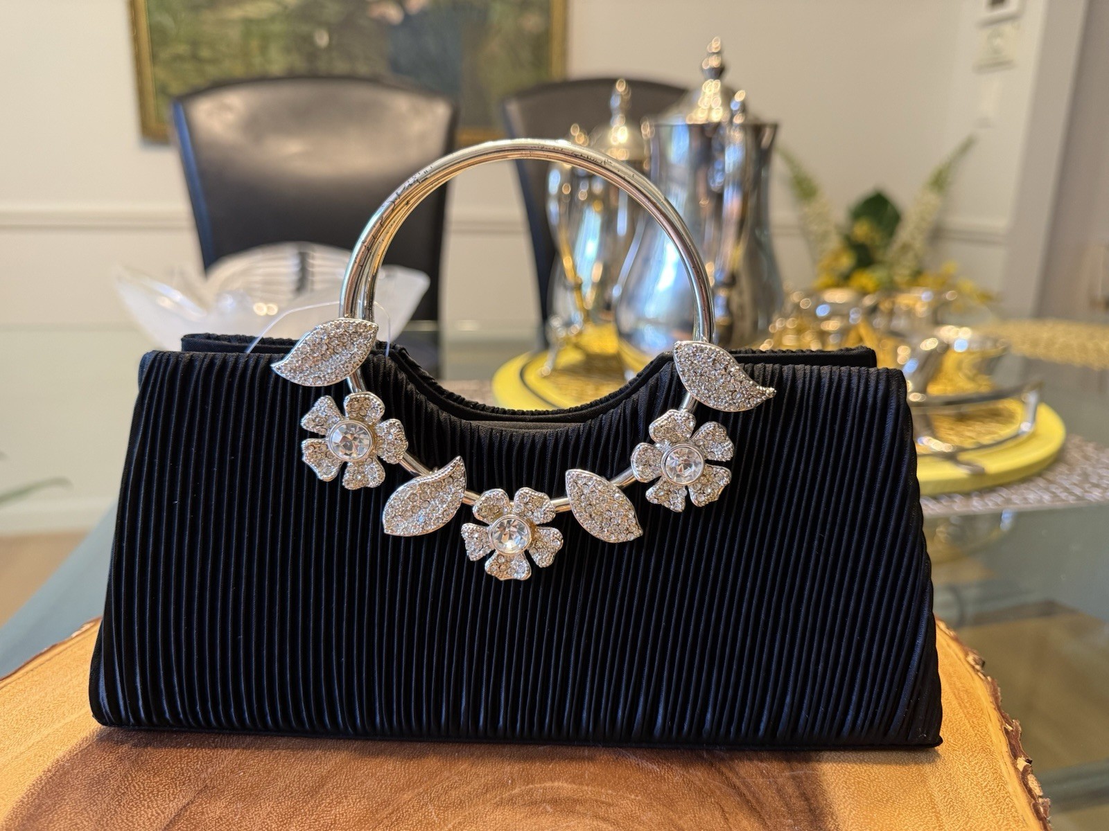 Small Black Clutch With Rhinestone Flowers For Weddings And Formal Occasions