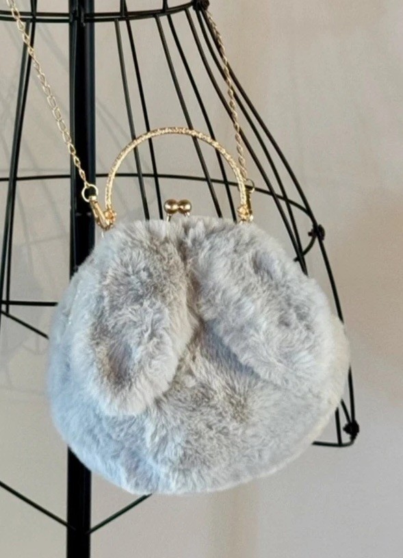 New Fuzzy Faux Fur Gray Winter Rabbit Bunny Ears Crossbody Shoulder Purse Bag
