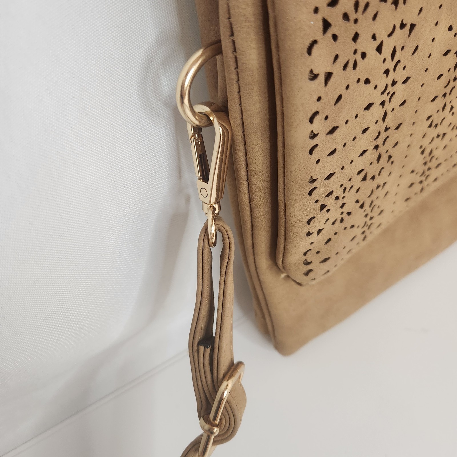 Tan Faux Suede FoldOver Crossbody Laser Cut Purse 11.5″ x 7.25″ Adjustable Strap