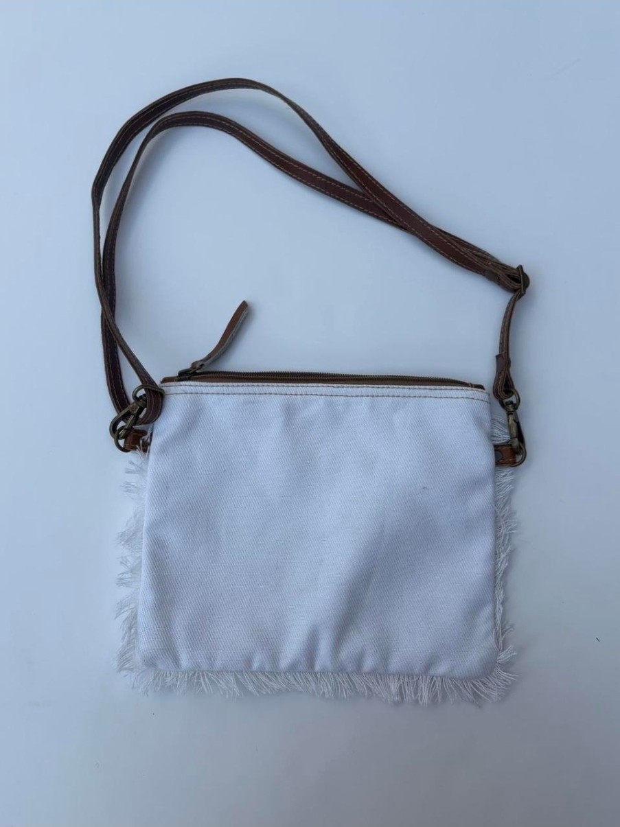 White Moons Phases Crossbody Bag w/ Brown Strap Zip