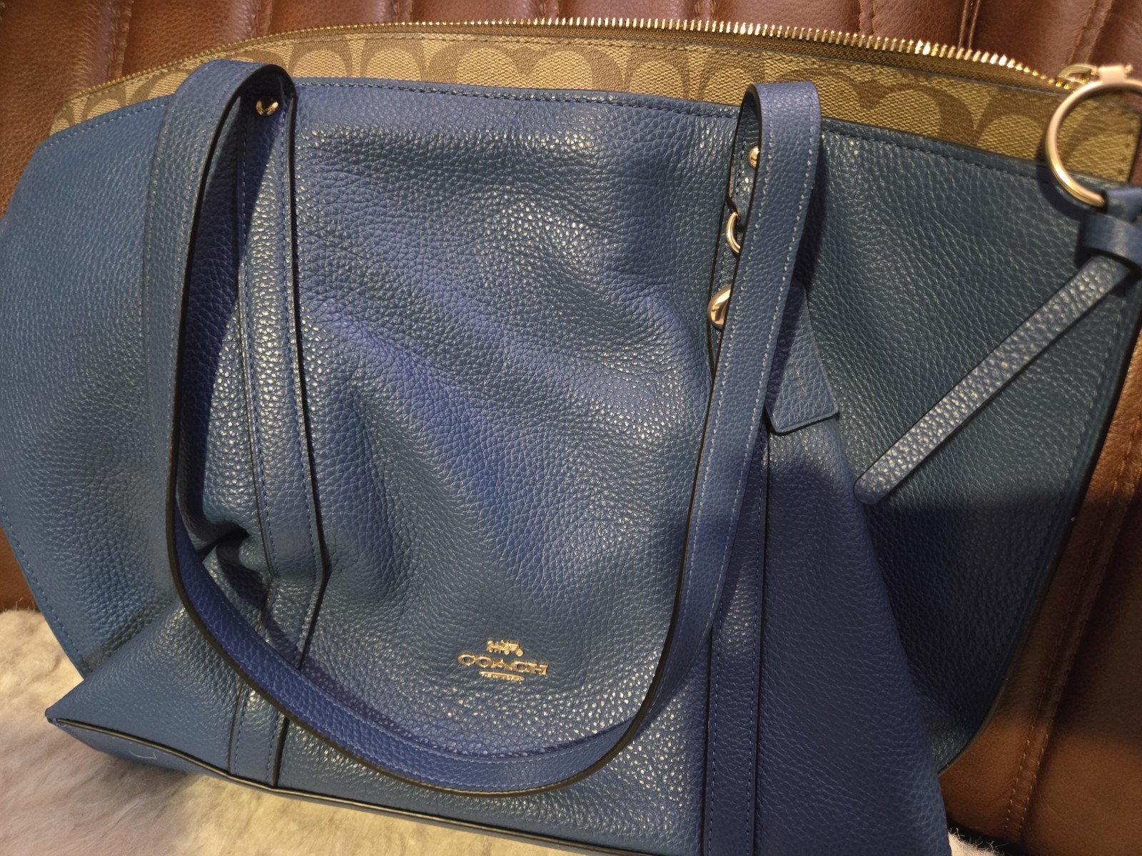 Coach Pebbled Leather Tote Deep Atlantic Khaki Blue Logo Tag Gold Hardware Zip