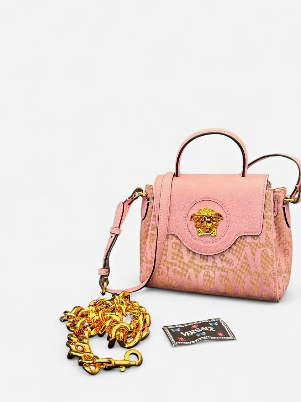Versace Women’s Pink La Medusa Small Top Handle Bag Gold Chain Dust Bag
