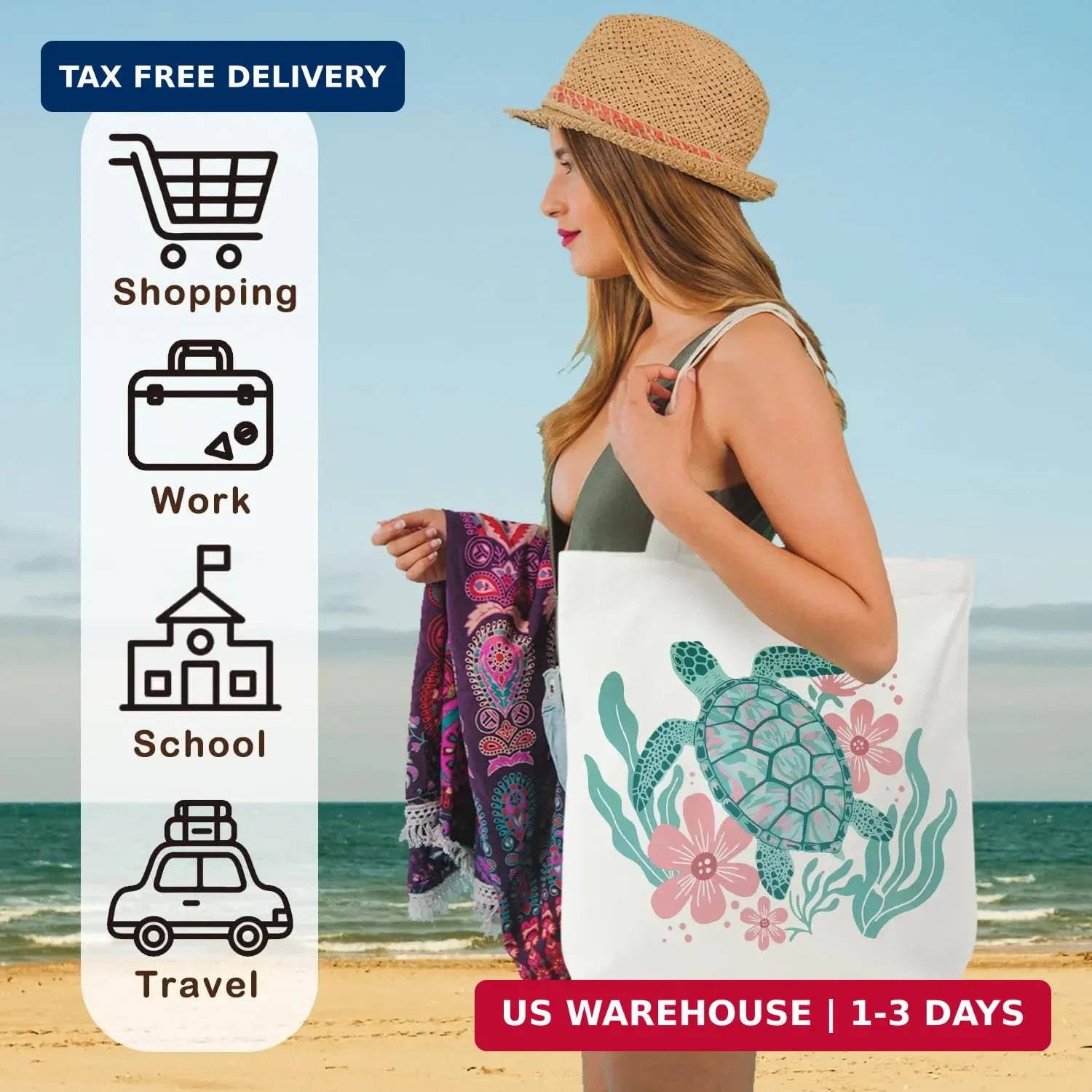 Floral Sea Turtle Tote Bag Women Summer Beach Gift Shoulder Handbag