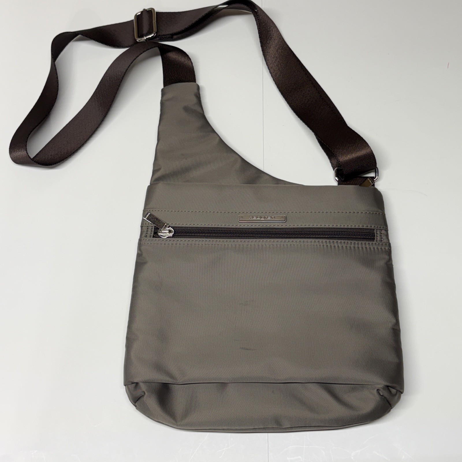 Hedgren Fate RFID asymmetric Crossbody Bag Sepia Brown Wide Strap Nylon Travel