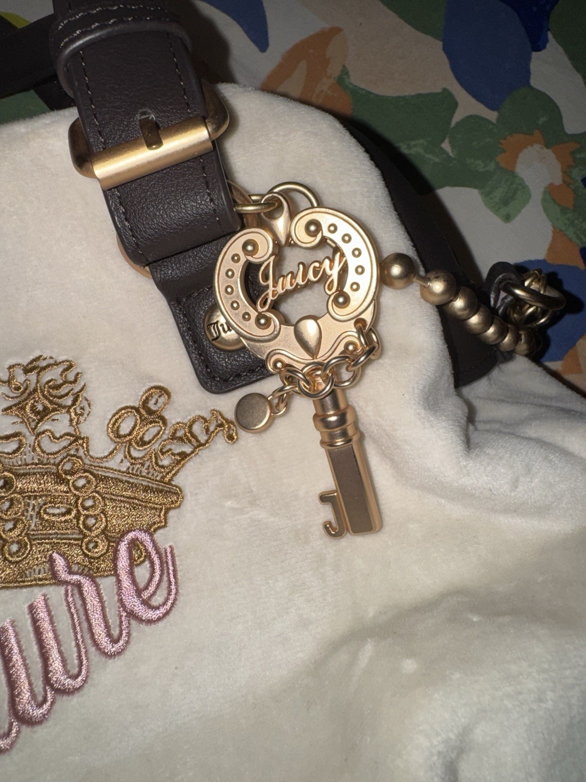 Juicy Couture Velour Satchel Key Charm Pink Logo Crossbody Shoulder Bag NEW