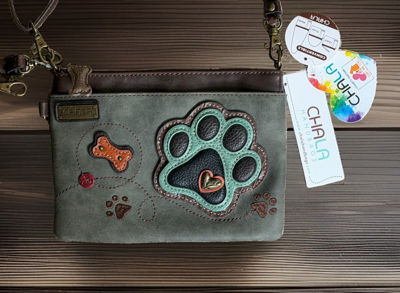 Chala Gray Vegan Leather Paw Print. Convertible X-Body, clutch, and purse