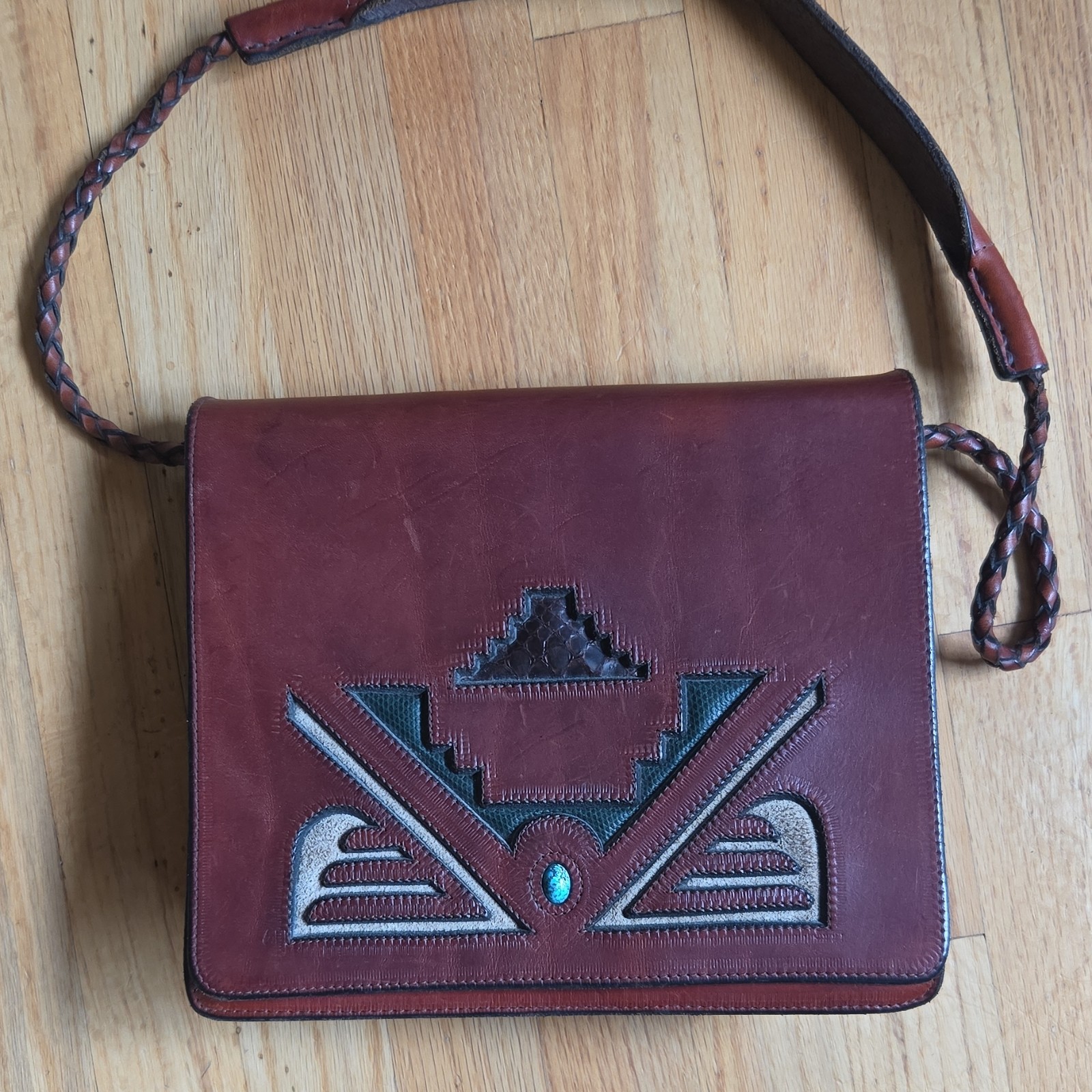 Vintage Southwestern Leather Messenger Bag Turquoise Exotic Reptile Skin