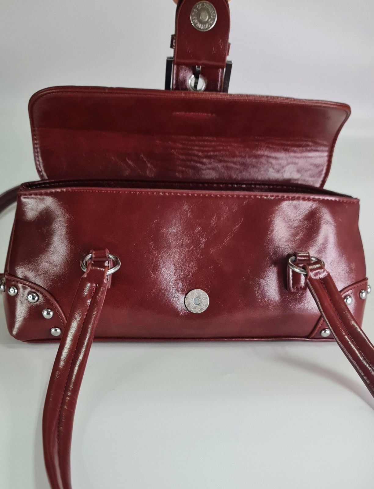 Burgundy Patent Look Shoulder Bag Silver Stud Buckle East West Baguette Purse Ne