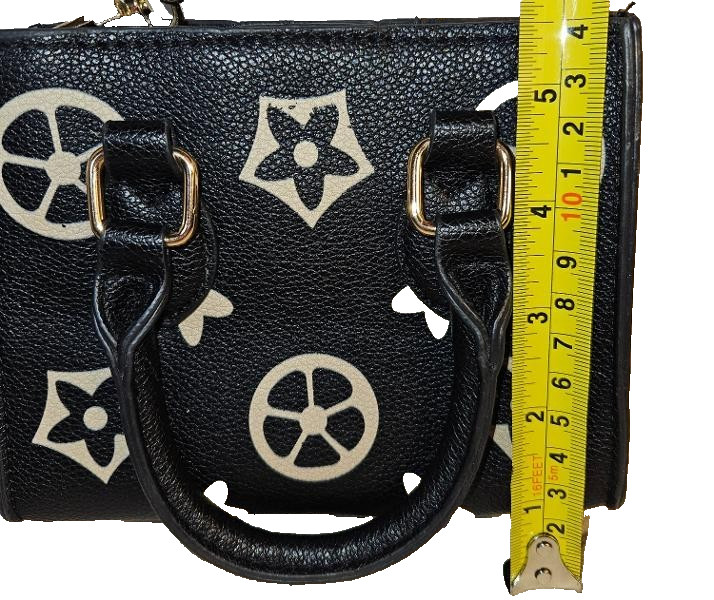 Black Ivory Floral Monogram Mini Satchel Crossbody Bag Gold Chain Strap