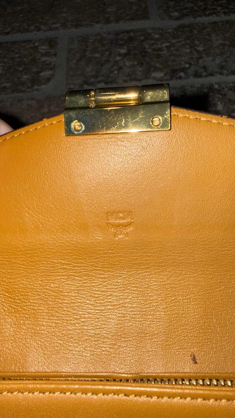 MCM Visetos Monogram Cognac Wallet on Chain Crossbody Bag, Gold Strap w/ Box