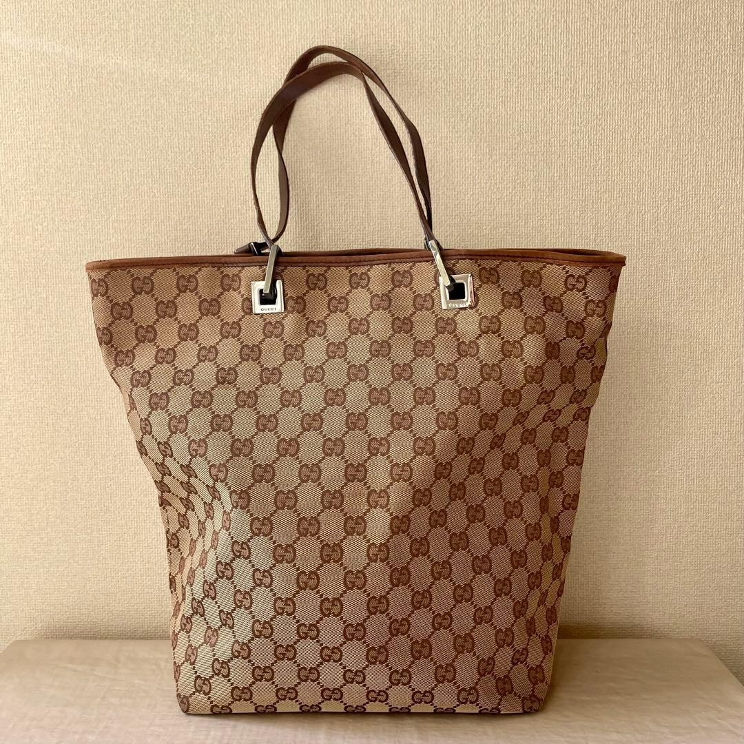 GUCCI GG Canvas Leather Tote Bag Women Auth 12.00 x 13.77 x 4.72inch