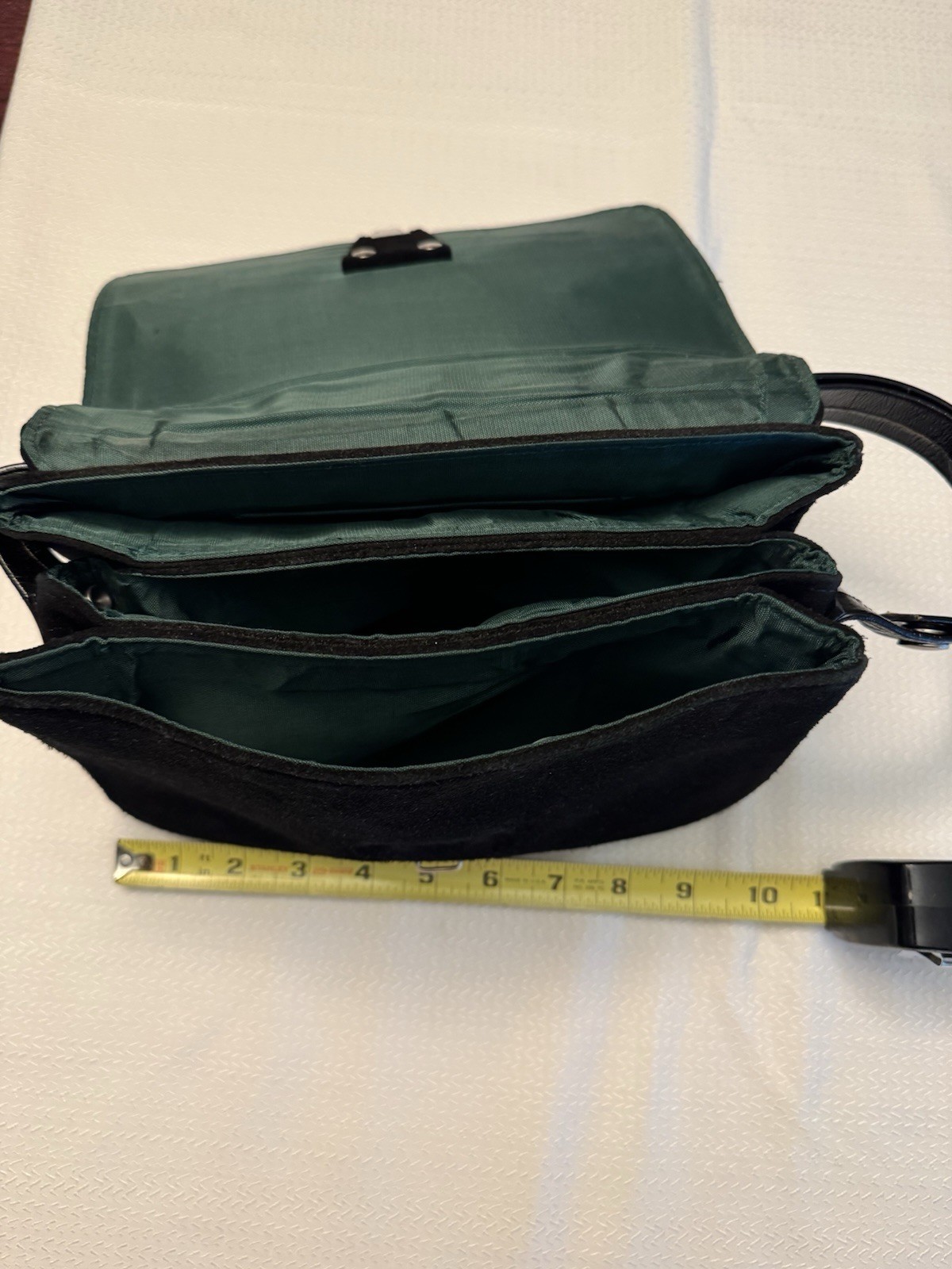 VINTAGE Black Suede Bag Purse Latch Flap Multi-Comparts Green Lined Silver HW