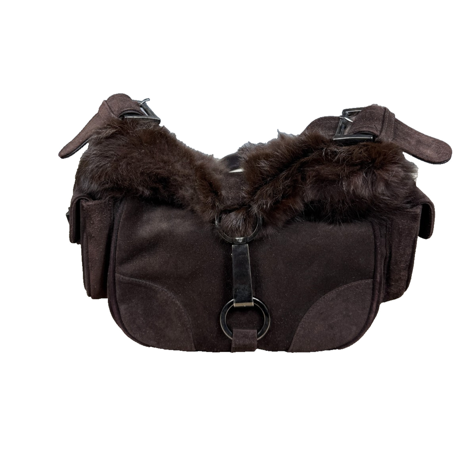 Stuart Weitzman Dark Brown Suede Fur Trim Shoulder Bag Front Clip