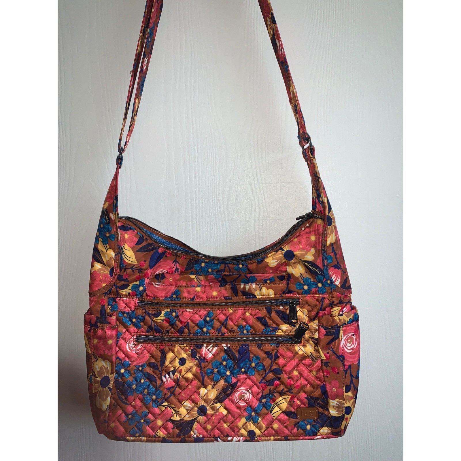 Lug Camper SE Crossbody Bag Floral Brown Quilted Multi-Pocket Handbag Womens