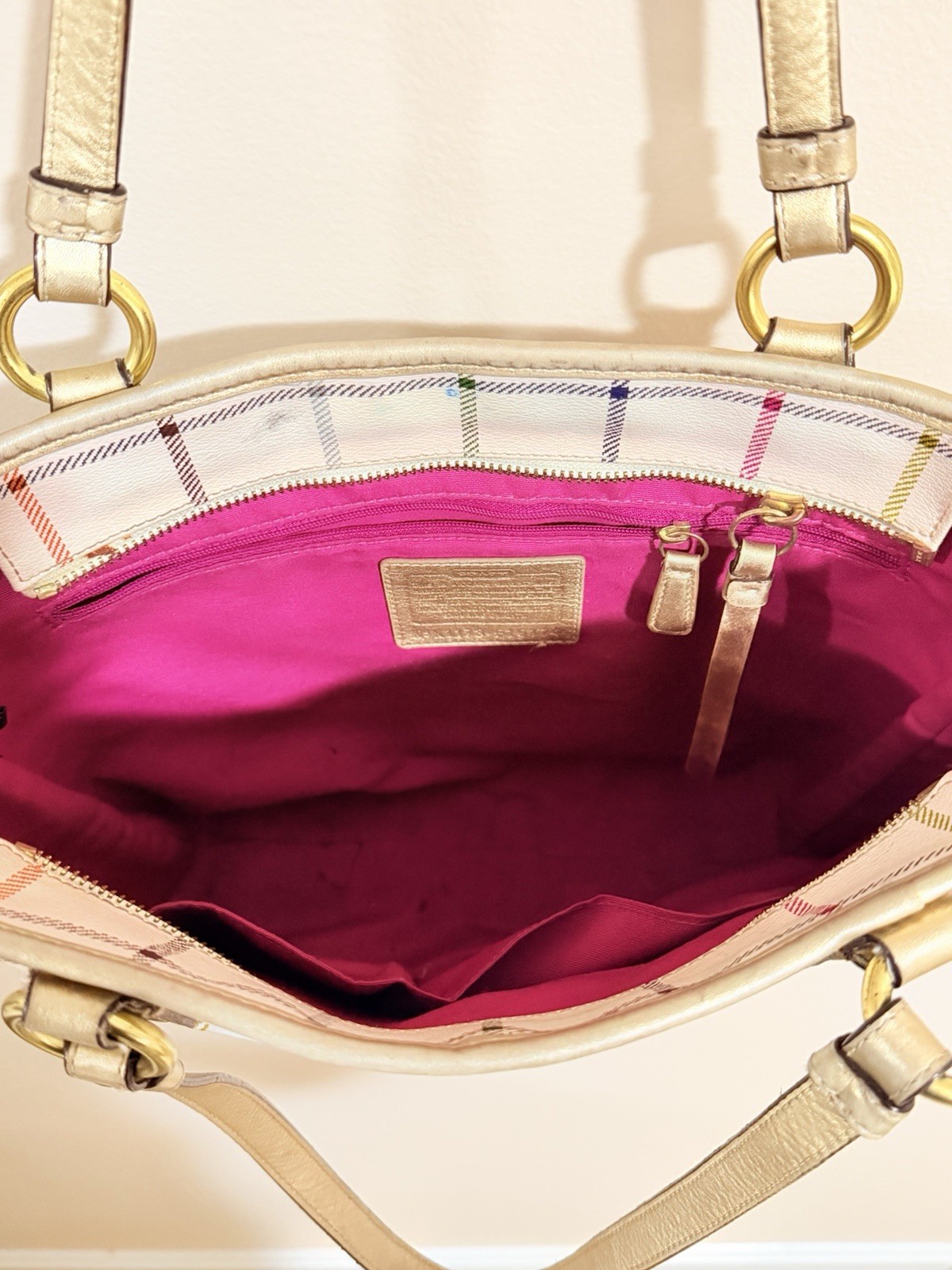 Vintage Y2K Coach Multicolor Tattersall Plaid Tote Bag White Gold Trim Shoulder
