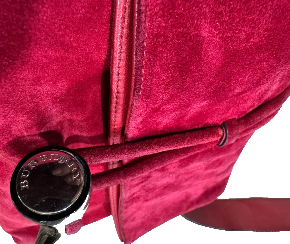 BURBERRY HAYMARKET SHOULDER BAG HANDBAG RED SUEDE LEATHER BLACK HORN TOGGLE NICE