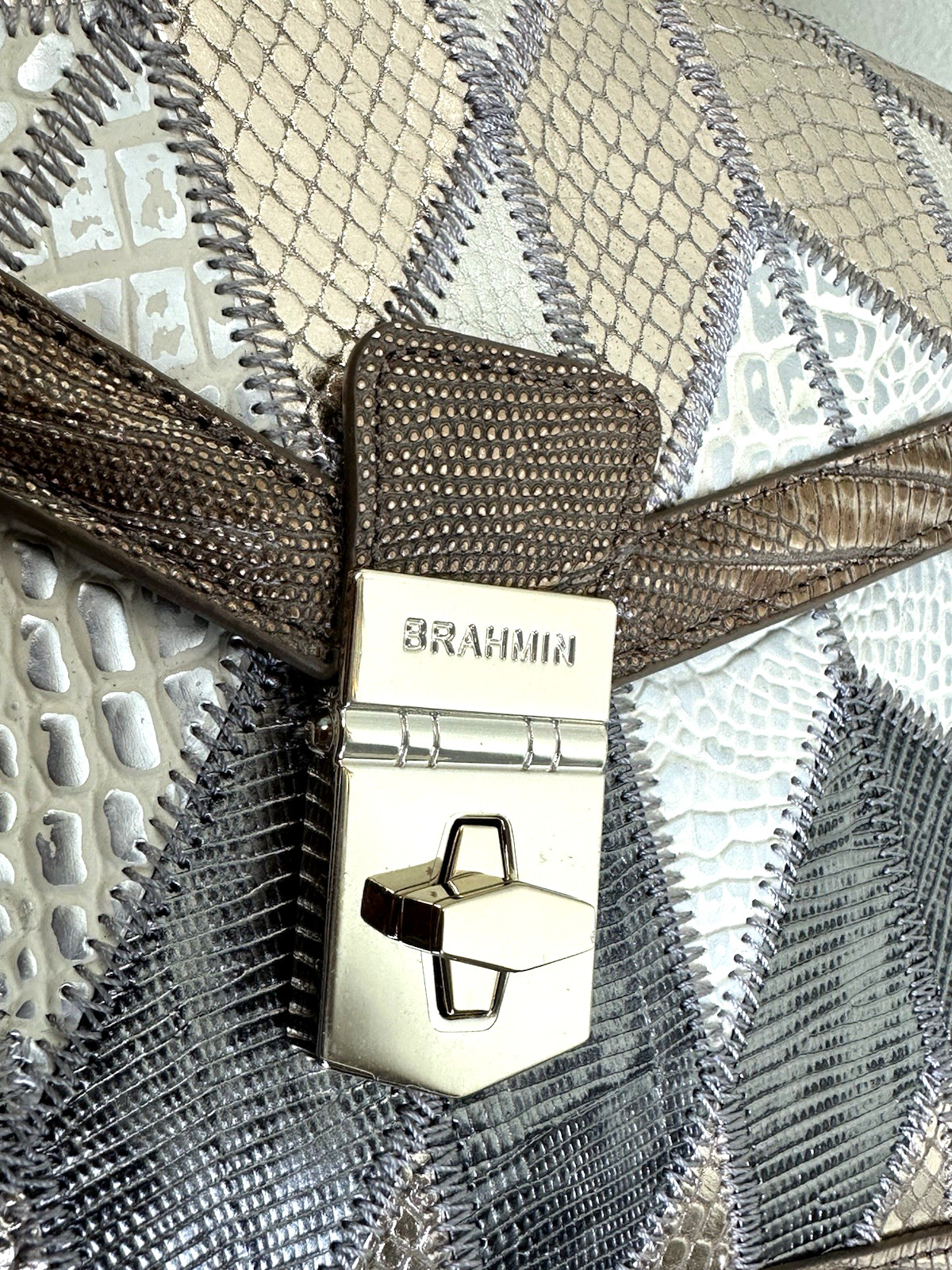 BRAHMIN SMALL HALLIE MULTI SILVER HILL WHITE BRONZE GOLD STAR LEATHER HANDBAG
