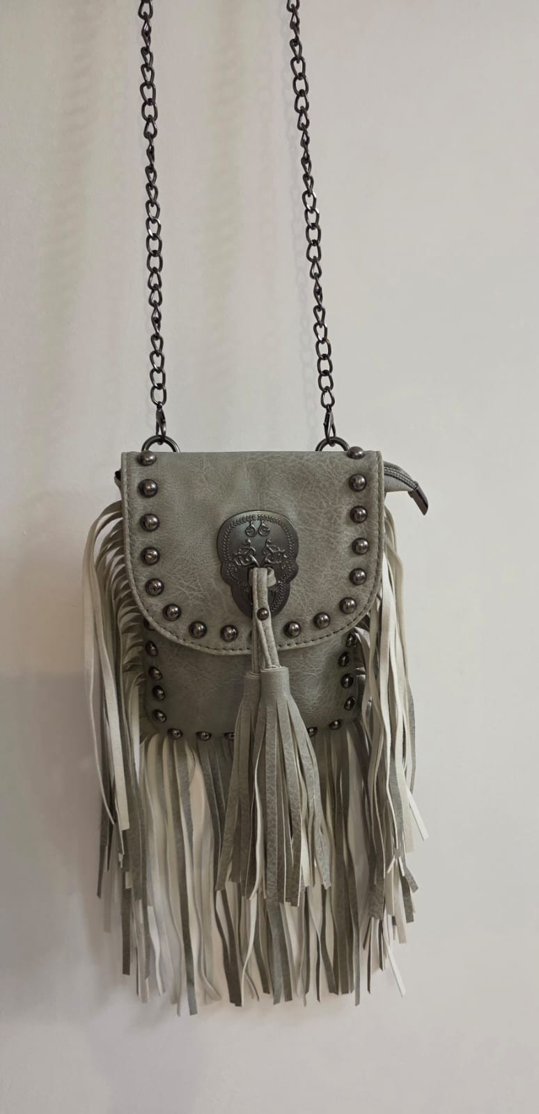 Boho Grey Fringe Crossbody Bag – Studded Festival Phone Purse with Chain