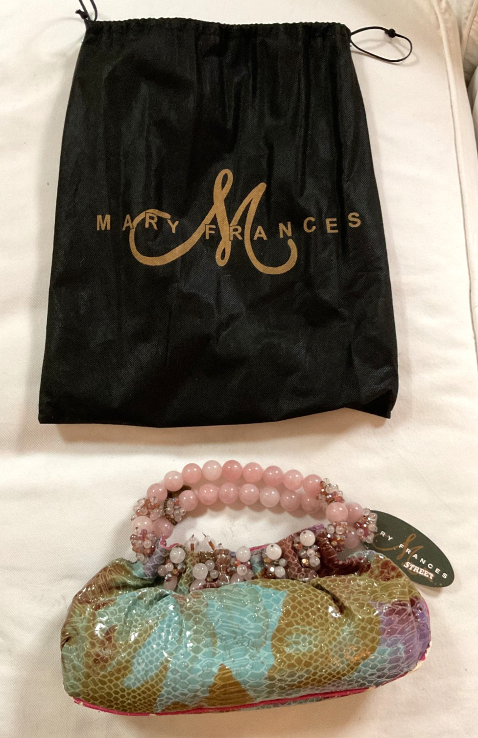Mary Frances “Hype” 1405. Blue/Green/Pink Pattern Bag with Pink Beaded Handles .