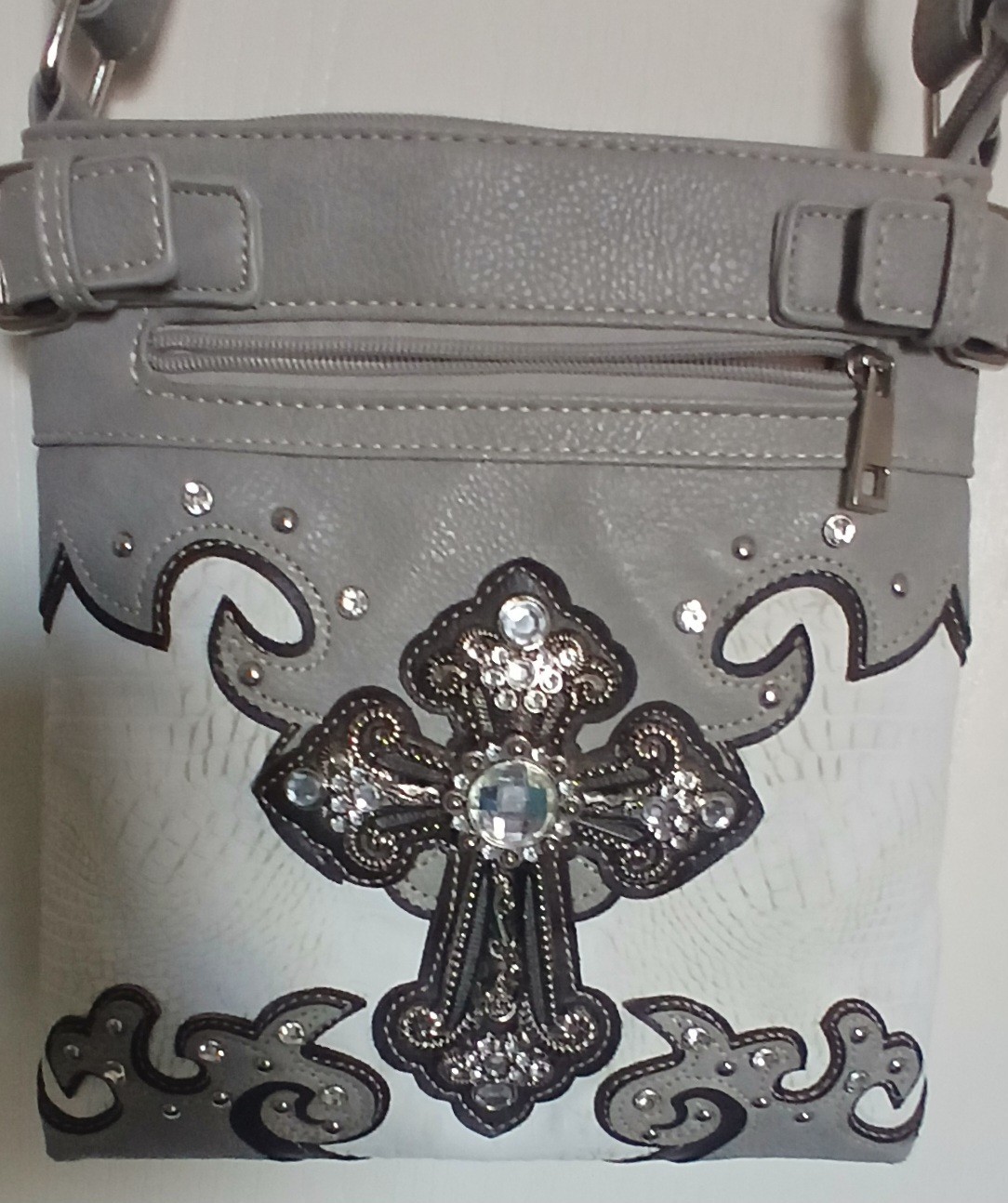 Gray & Ivory Rhinestone Cross Concealed Carry Crossbody Shoulder Bag