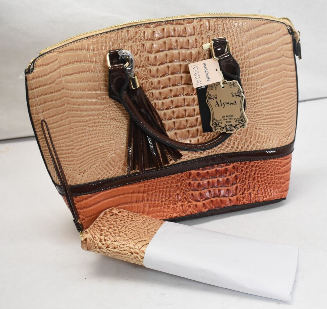 Alyssa Vegan Handbag Purse Bag Tote 2 Colored Light Brown Orange Large