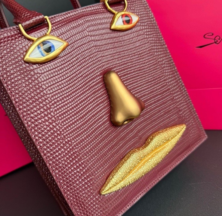 SCHIAPARELLI Style Large Brick Red/brown Lizard Inspired Leather Anatomy Bag.