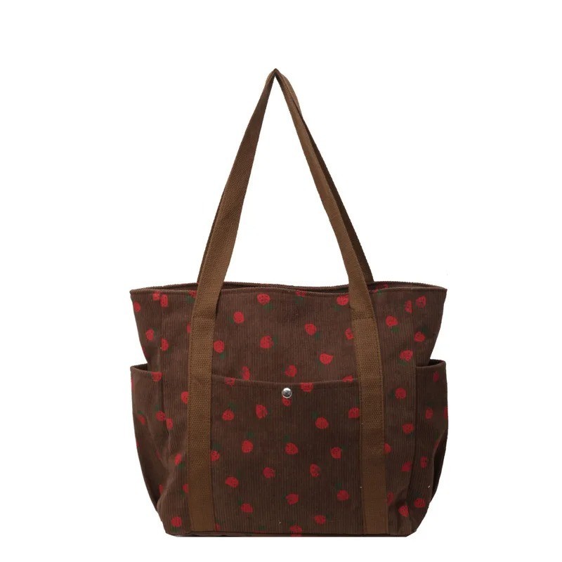 Women’s Corduroy Shoulder Tote Bag – Sweet Strawberry Style, Casual & Cute