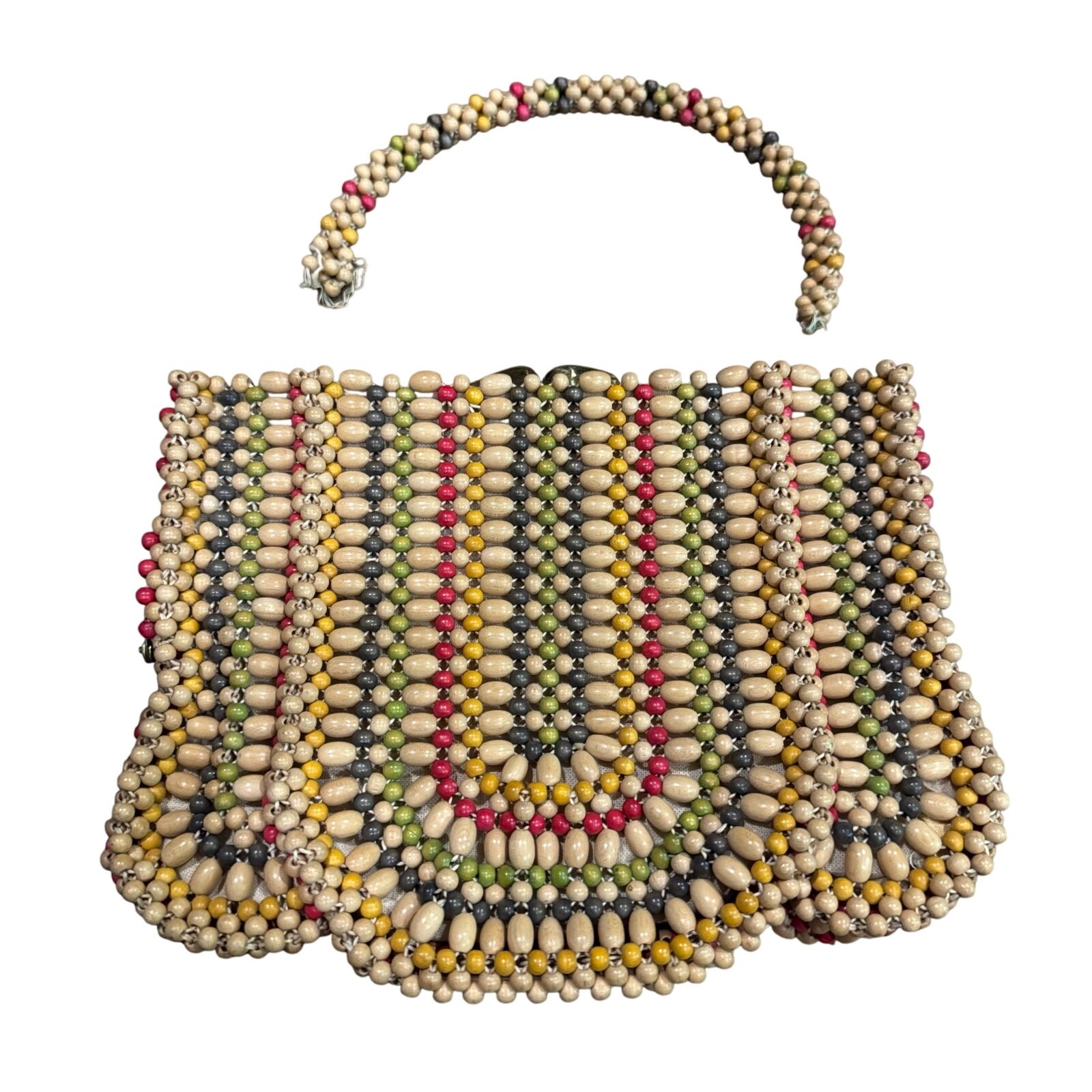 Vintage 1930s? Czech? Rainbow Wood Bead Beaded Clutch Purse w/ Unattached Handle