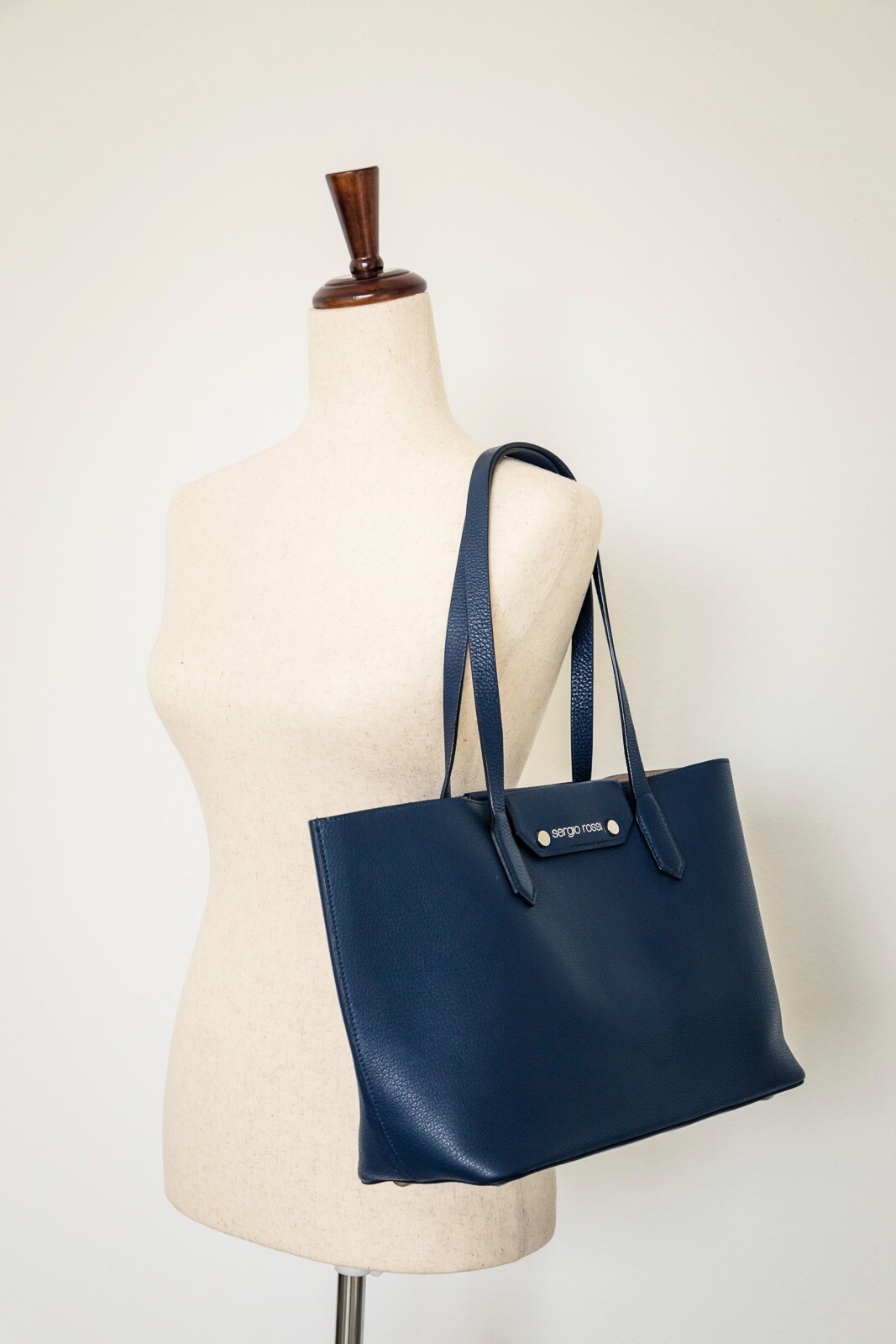 Genuine Sergio Rossi Pebbled Leather Tote Handbag Navy Blue, Practically New