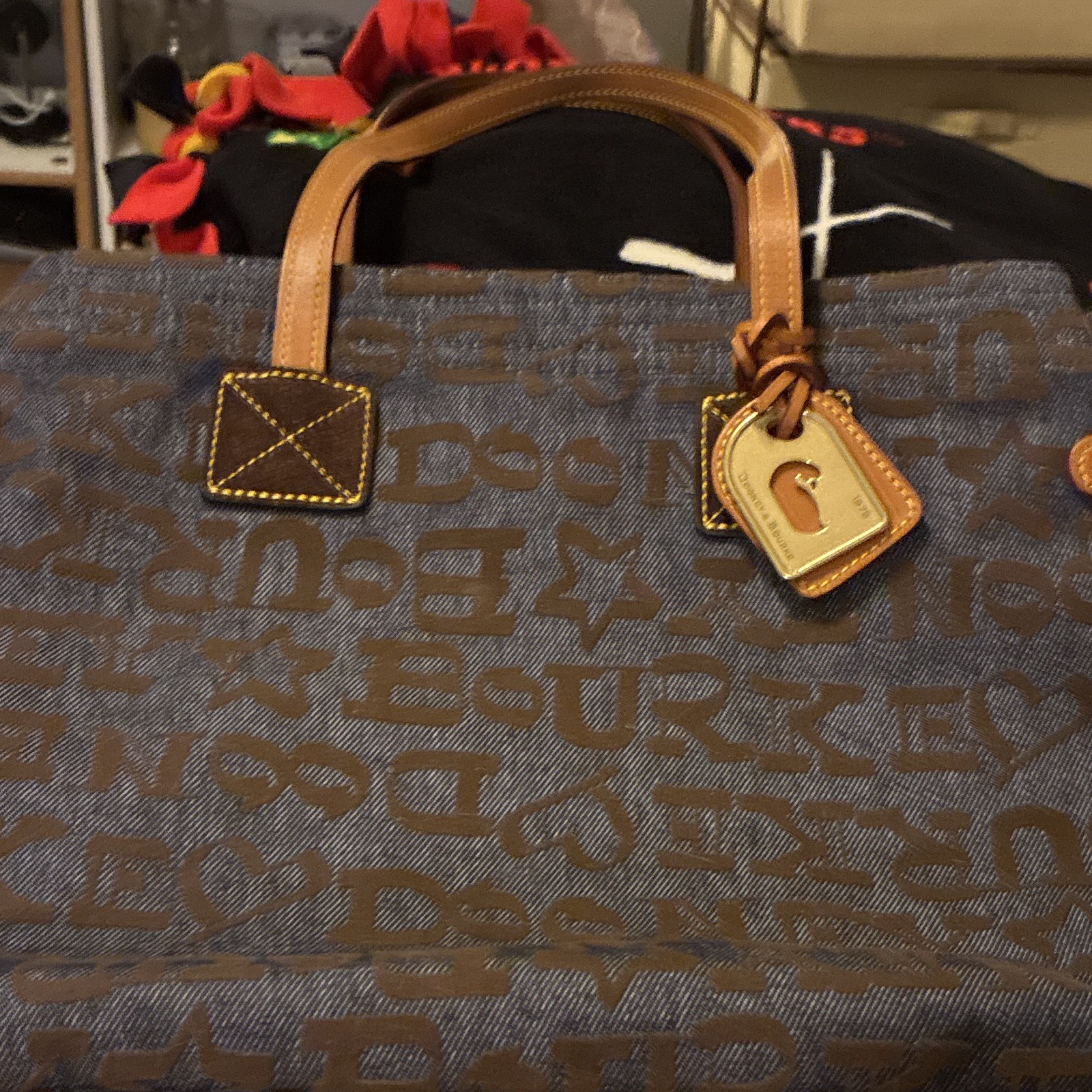 Dooney & Bourke Blue/Brown Logo Tote Zip Gold Hardware Double Leather Handles