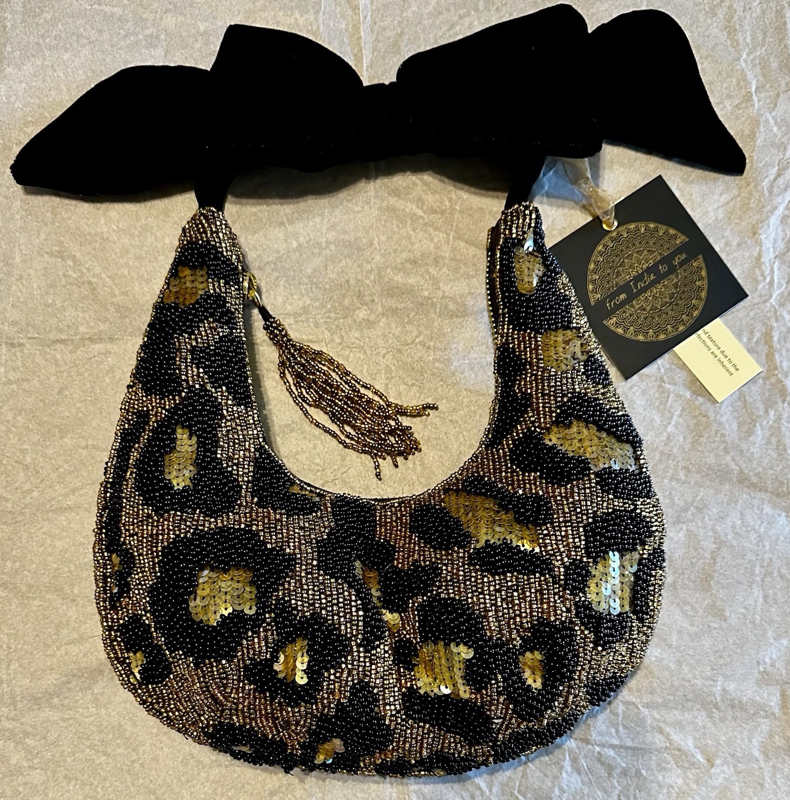 Viral Tik Tok Beaded Sequin Leopard Handbag, Velvet Bow Handle