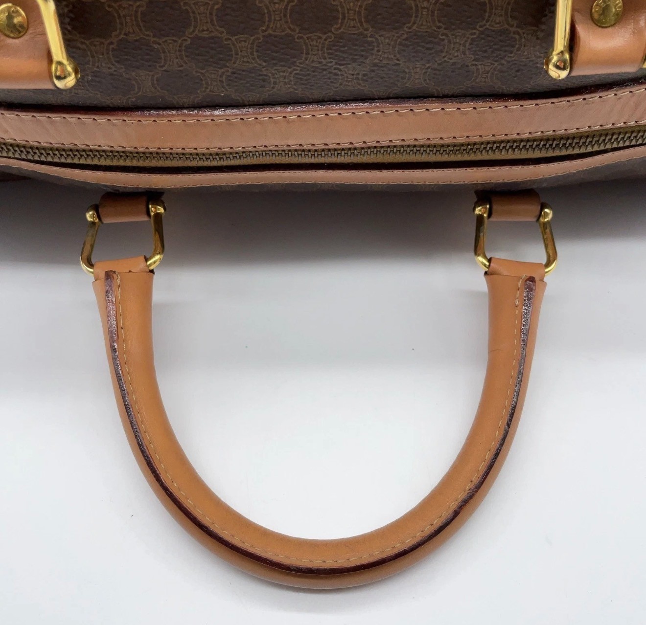 Authentic Celine Macadam pattern PVC leather brown Boston bag 40 w/Padlock