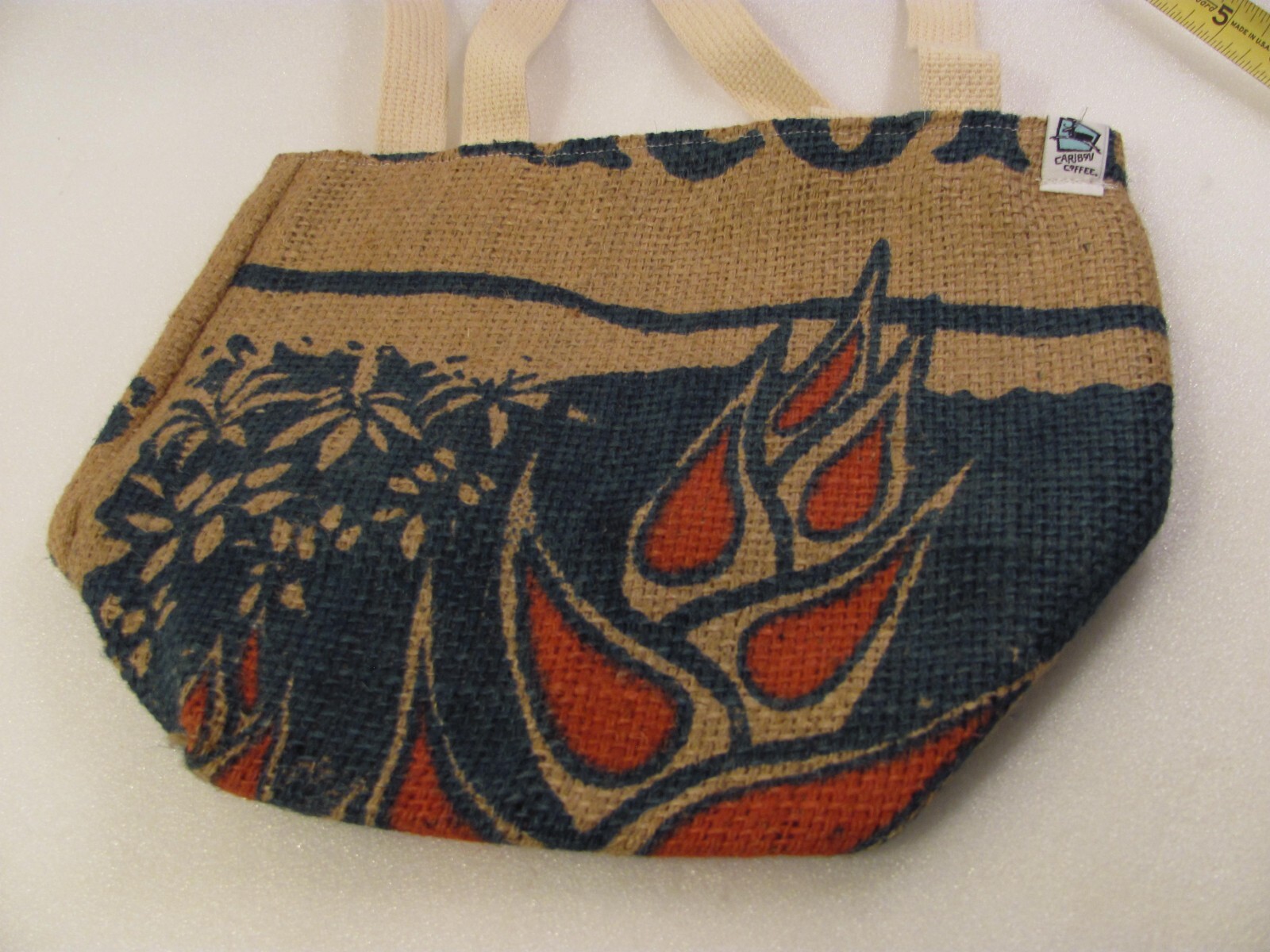 Caribou Coffee Burlap Sack Purse Womens 12 x 9 Blue Vtg Hand Book Beach Bean Bag