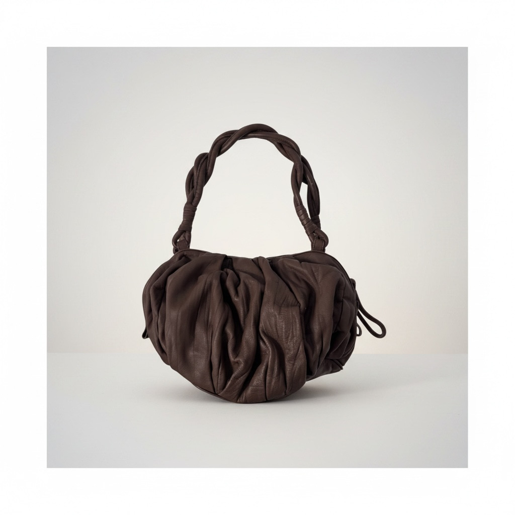 BCBGMAXAZRIA Ruched Leather Shoulder Bag Tan Braided Handles Soft Slouchy Tote