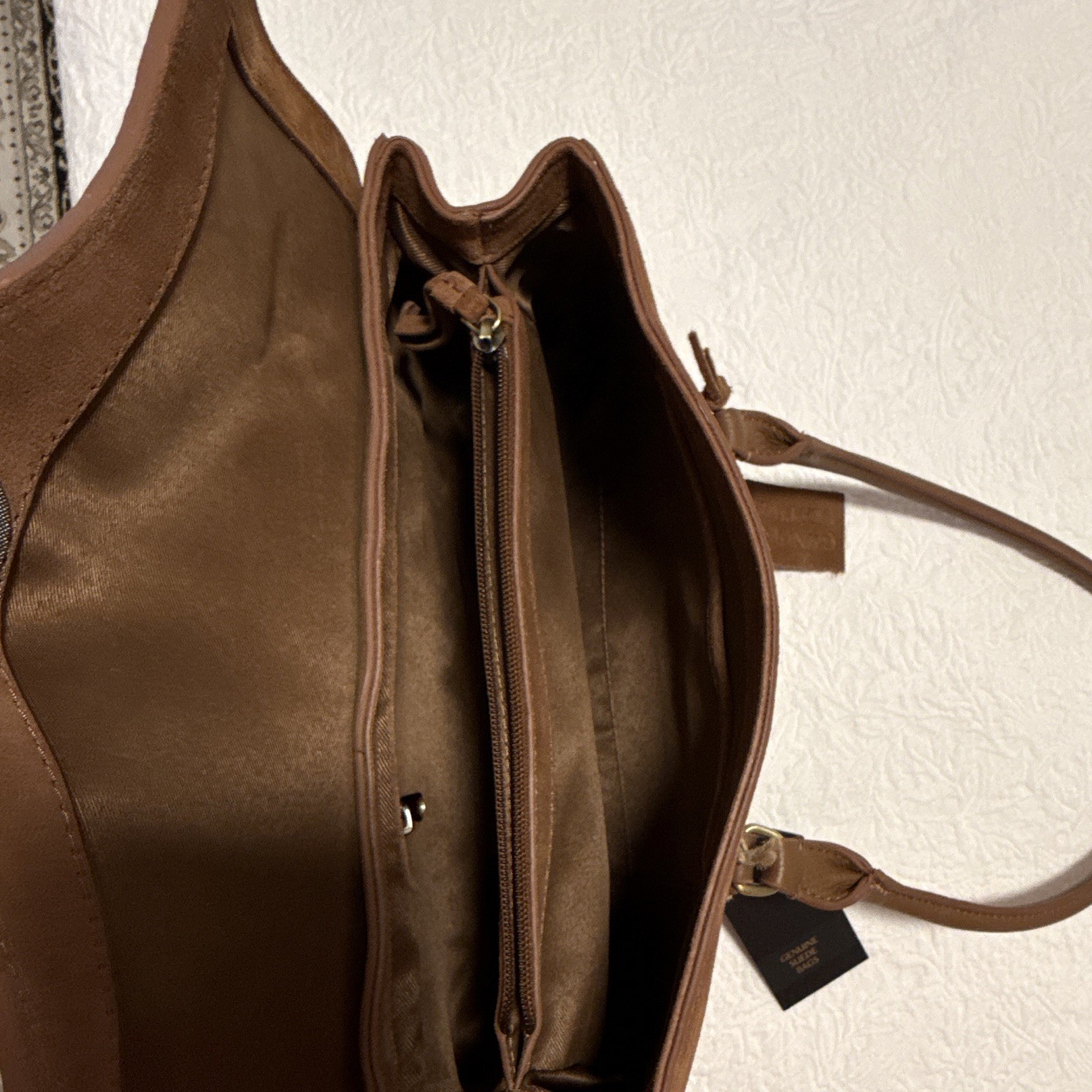 Genuine Suede Medium Brown Embossed Floral Satchel Top Handle Turn Lock Zip