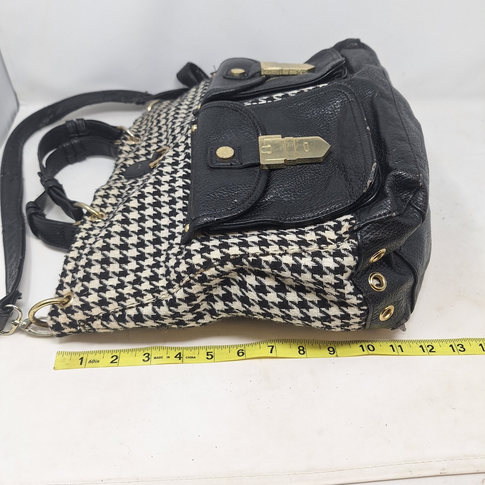 Steve Madden Black White Houndstooth Fabric Faux Leather Tote Bag Academia