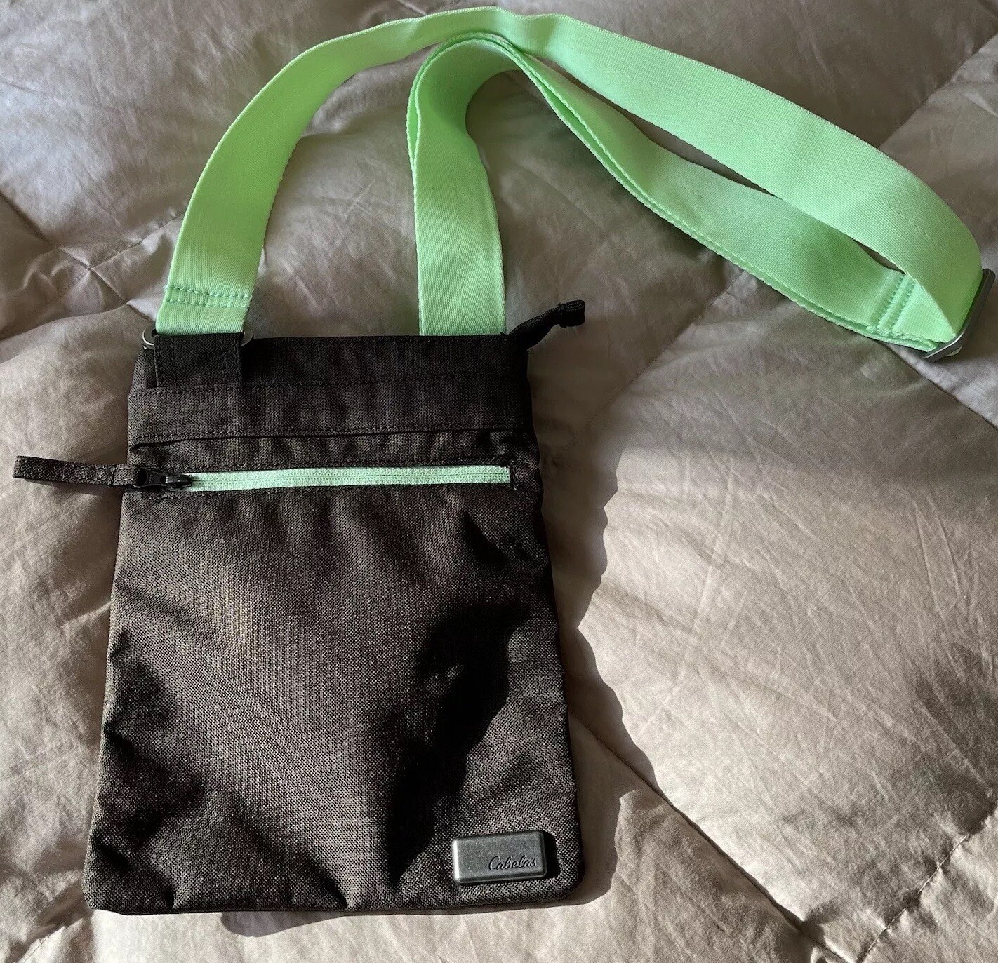 Crossbody Bag Brown & Lime Green Nylon Zip Pocket Purse Cabela’s Logo