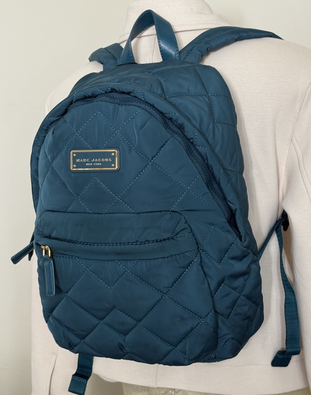 Marc Jacobs Crosby Quilted Nylon Backpack Teal Green Zip Pocket Adjustable New