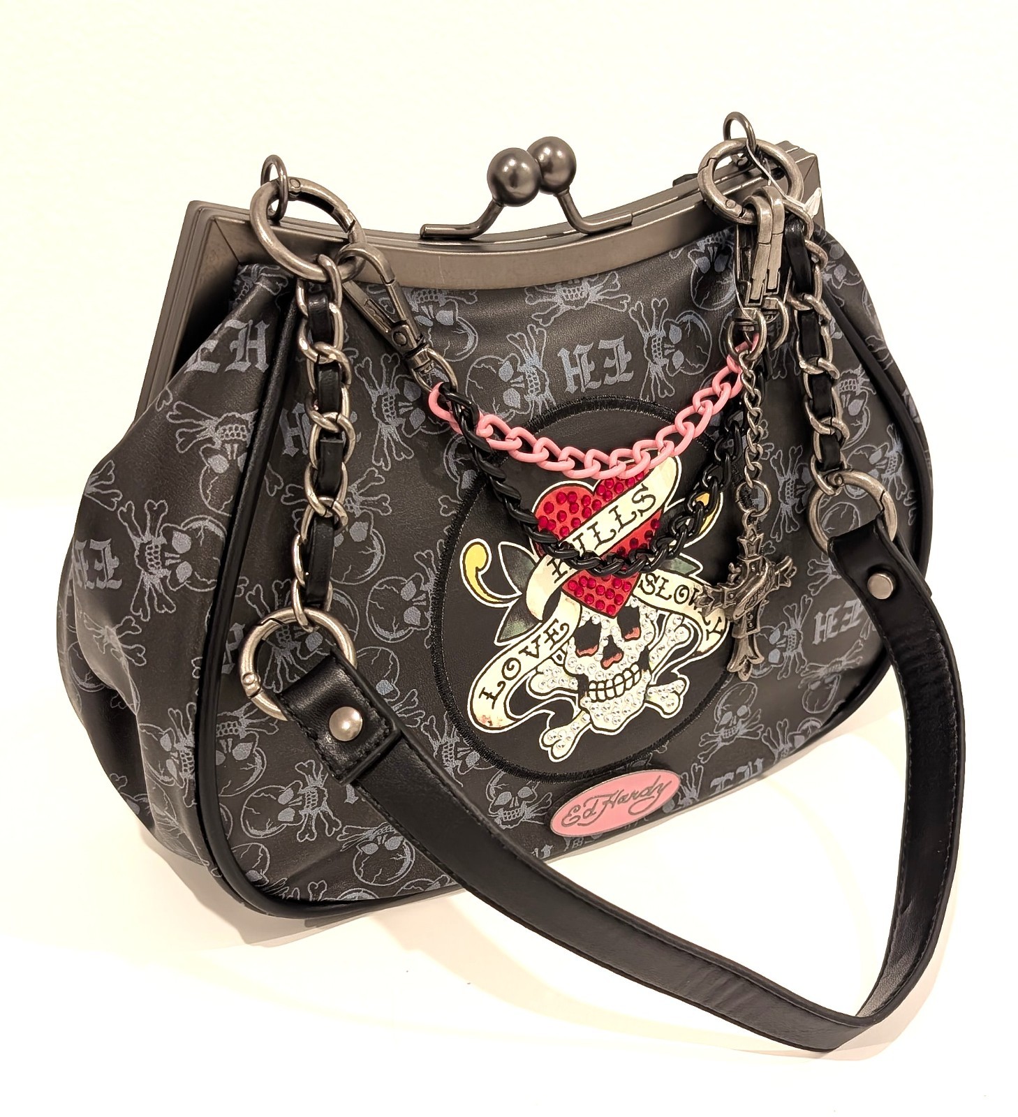 Ed Hardy Love Kills Slowly Shoulder Bag Black Skull Rhinestone Kiss Lock Purse