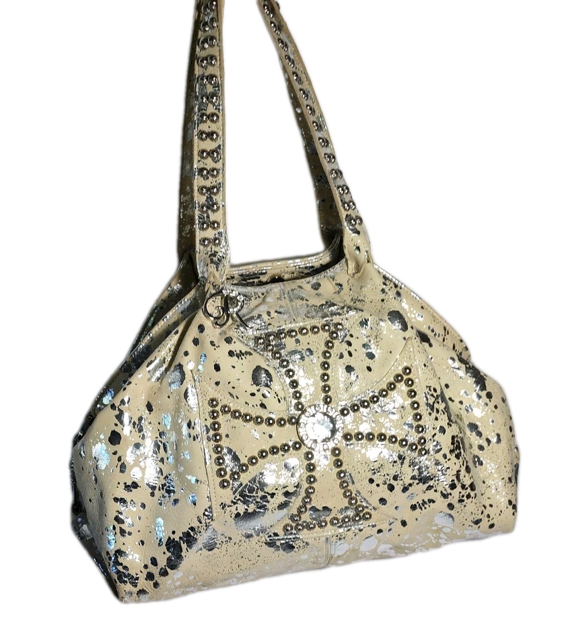 CRYSTALS RAVIANI TOTE EMBELLISHED 3D CROSS ON CREAM SUEDE W SILVER SPLASHES $545
