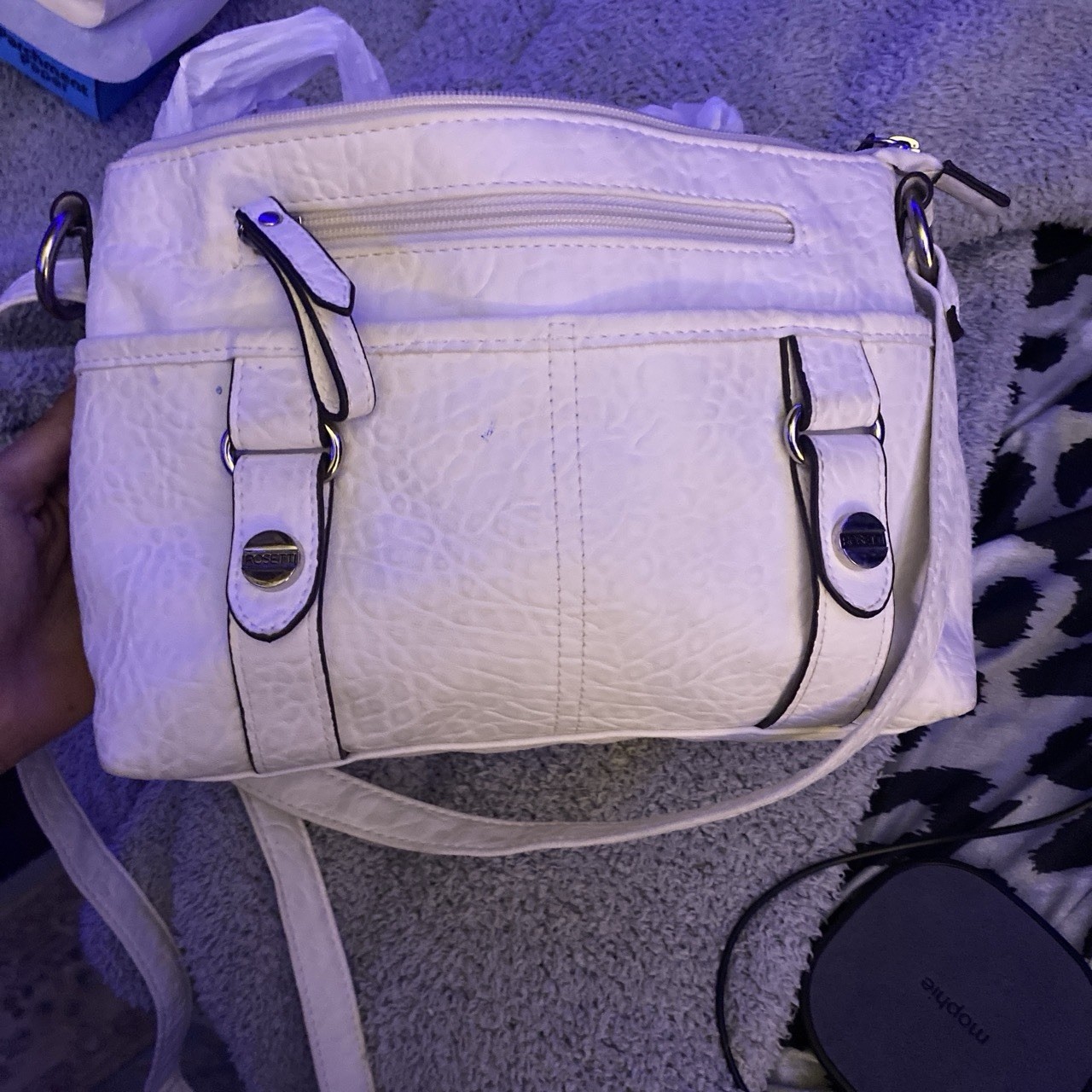 Rosetti White Embossed Shoulder Bag Medium Detachable Strap Zip