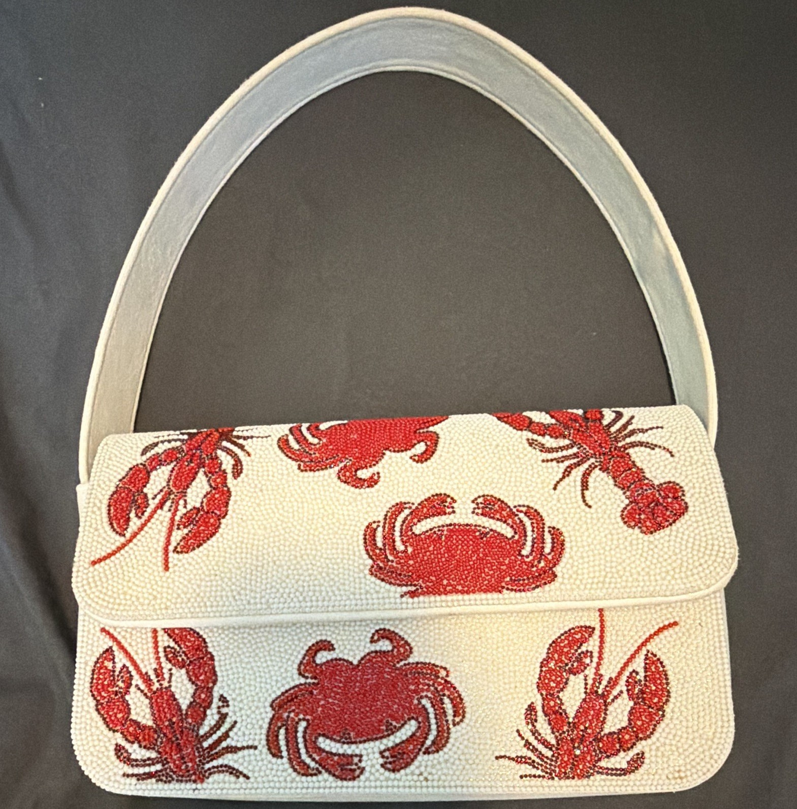 White/Red Sea Life Embroidered Top Handle Handbag Lined Magnetic Snap Silver