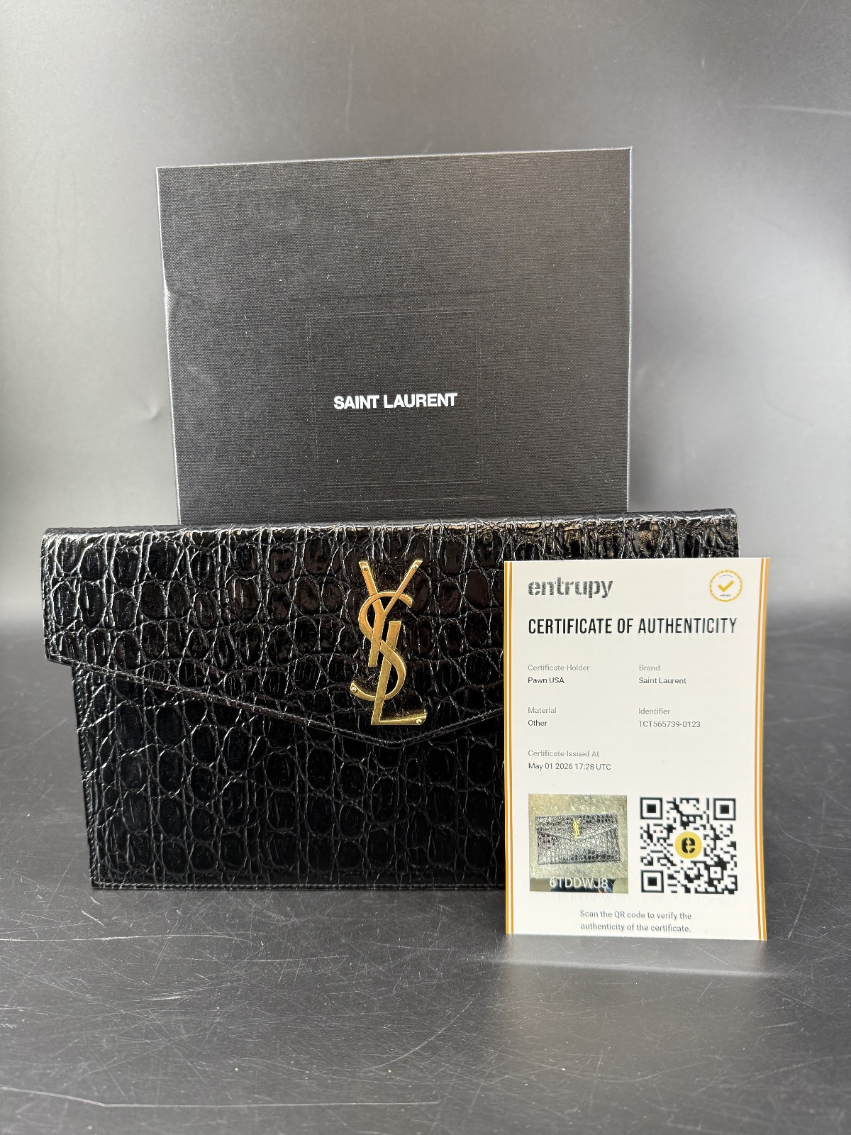 Saint Laurent Uptown Black Croc-Embossed Leather YSL Pouch Clutch Box