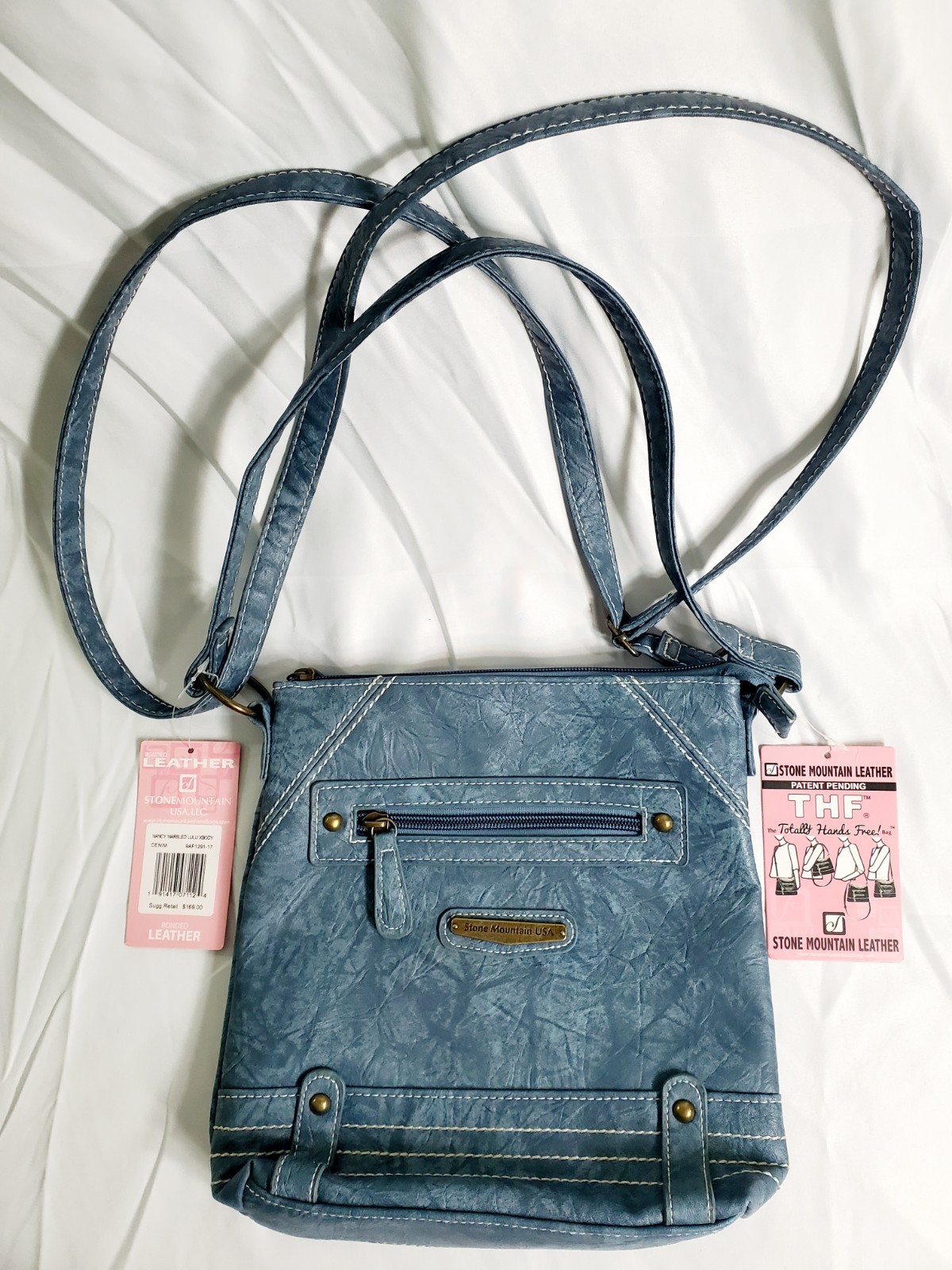 Stone Mountain USA Light Blue Denim-Nancy Marlbled Bonded Leather Hand Bag NWT